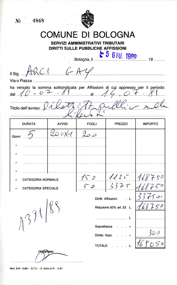 Ricevuta pagamento affisioni