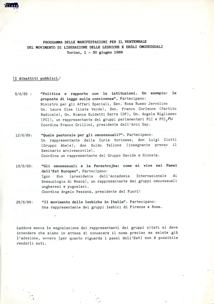 Programma delle manifestazioni per il ventennale del movimento di liberazione delle lesbiche e degli omosessuali (1989)