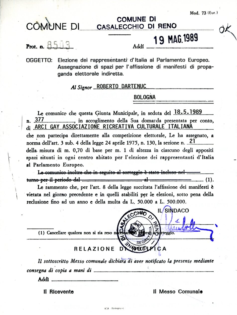 Elezione dei rappresentanti d'Italia al Parlamento Europeo. Assegnazione di spazi per l'affissione di manifesti di propaganda elettorale indiretta (1989)