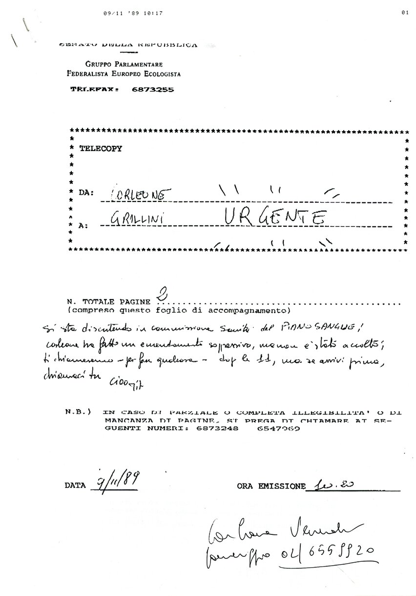 Fax dal Gruppo Parlamentare Federalista Europeo Ecologista (1989)