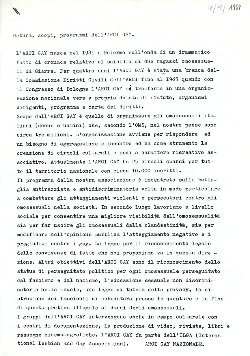 Natura, scopi, programmi dell'Arci Gay (1989)