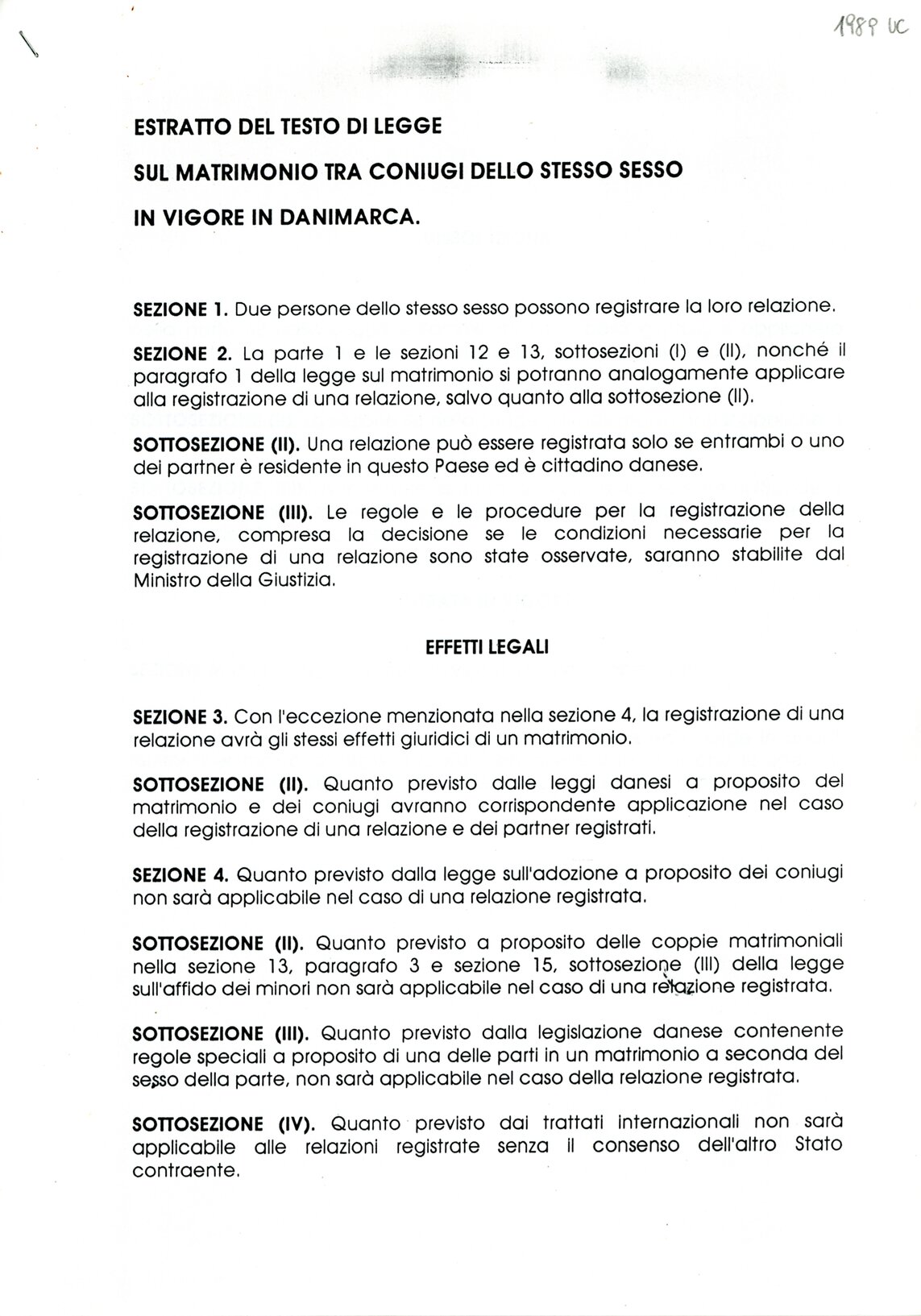 Estratto del testo di legge sul matrimonio tra coniugi dello stesso sesso in vigore in Danimarca (1989)