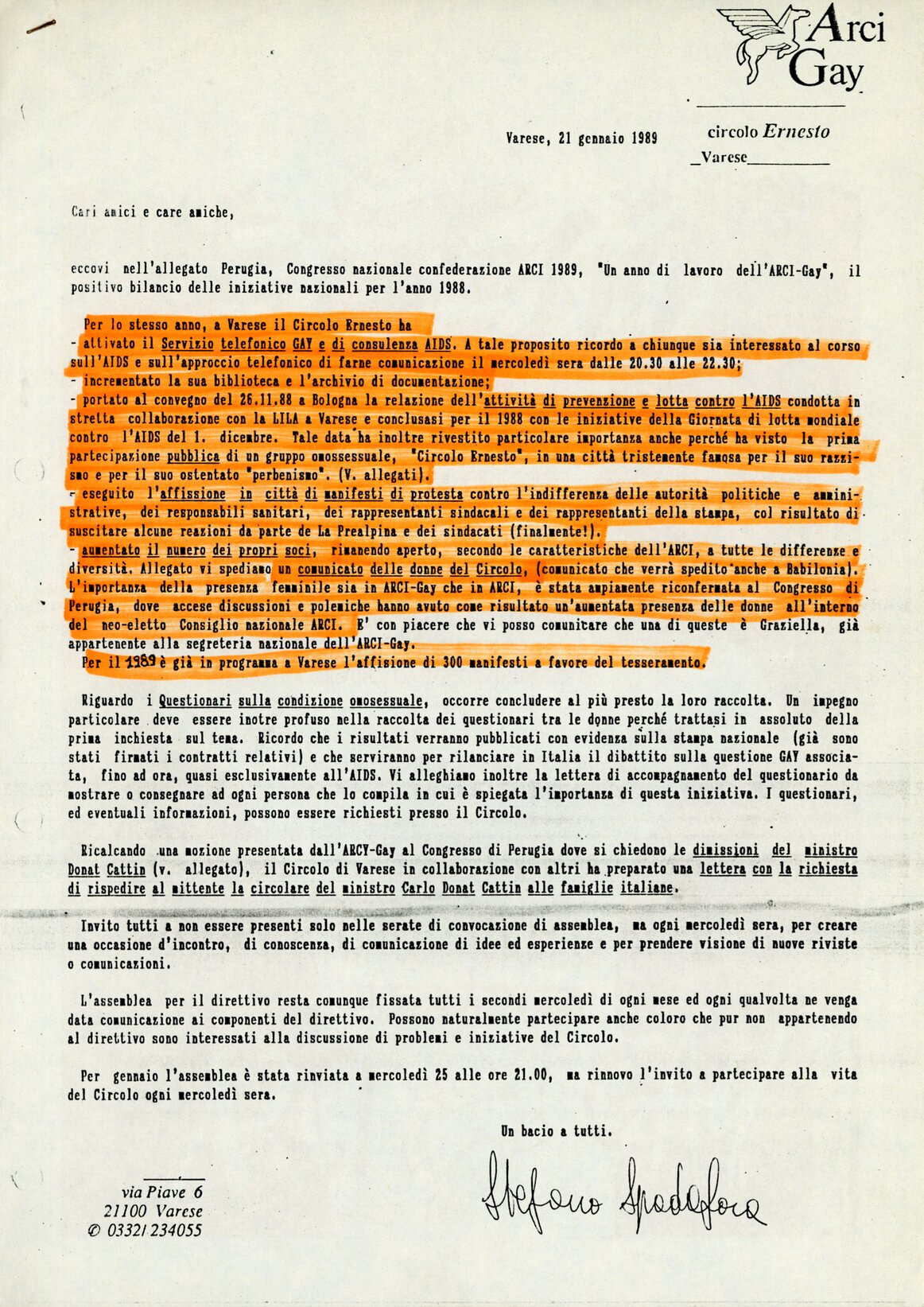 Lettera dal Circolo Ernesto Arci Gay di Varese (1989)