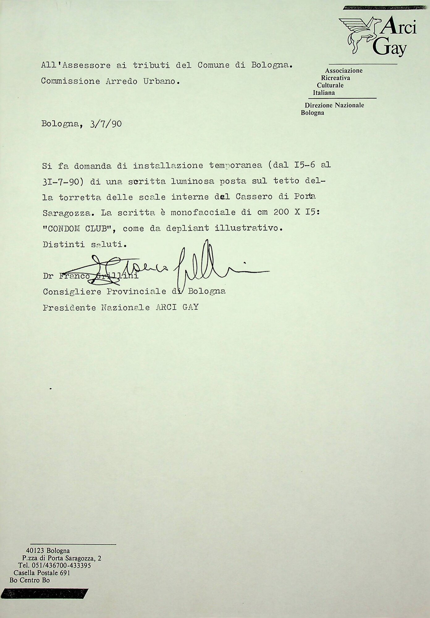 All'Assessore ai Tributi del Comune di Bologna / Commissione Arredi Urbani (1990)