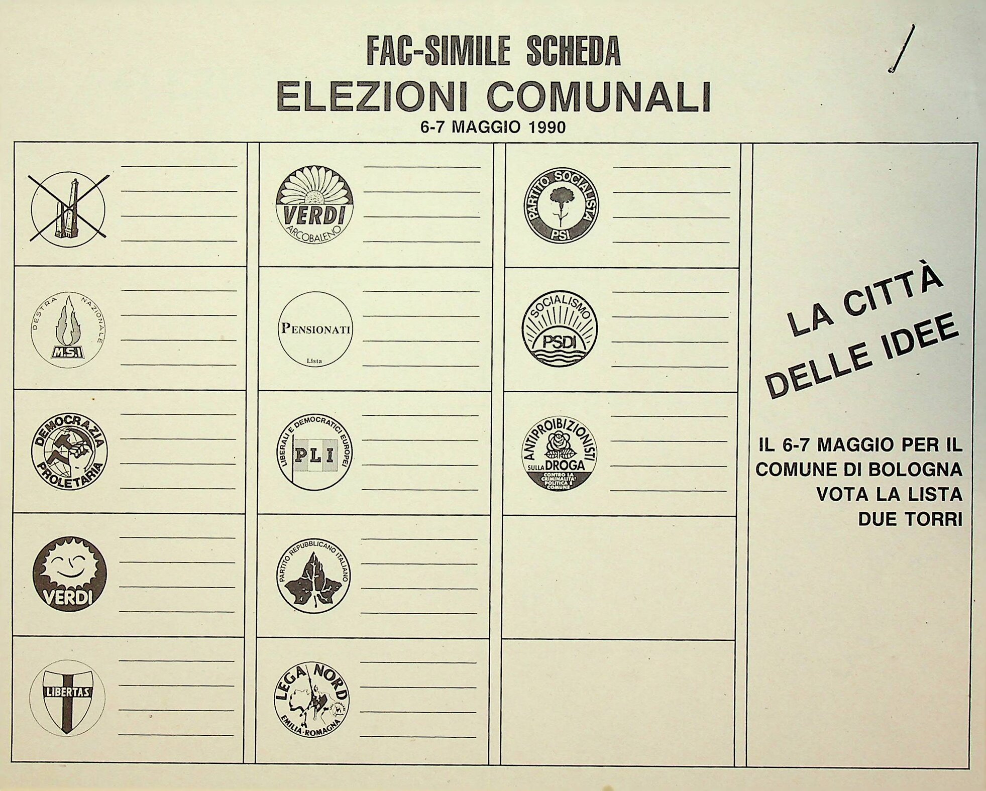 Fac-simile scheda elezioni comunali (1990)