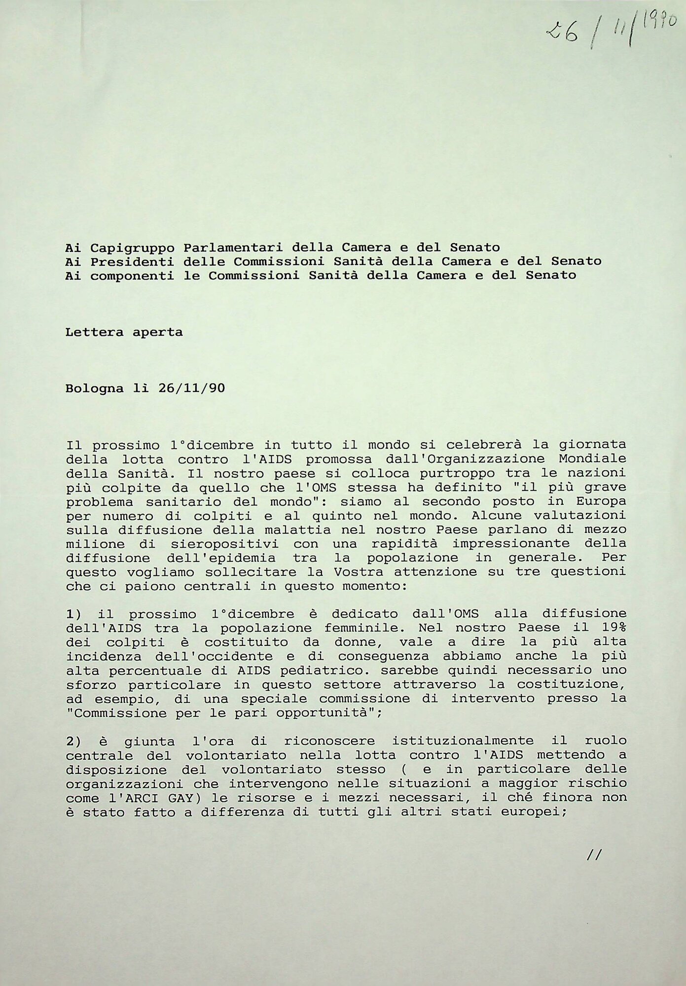 Lettera aperta ai Capigruppi parlamentari di Camera e Senato... (1990)