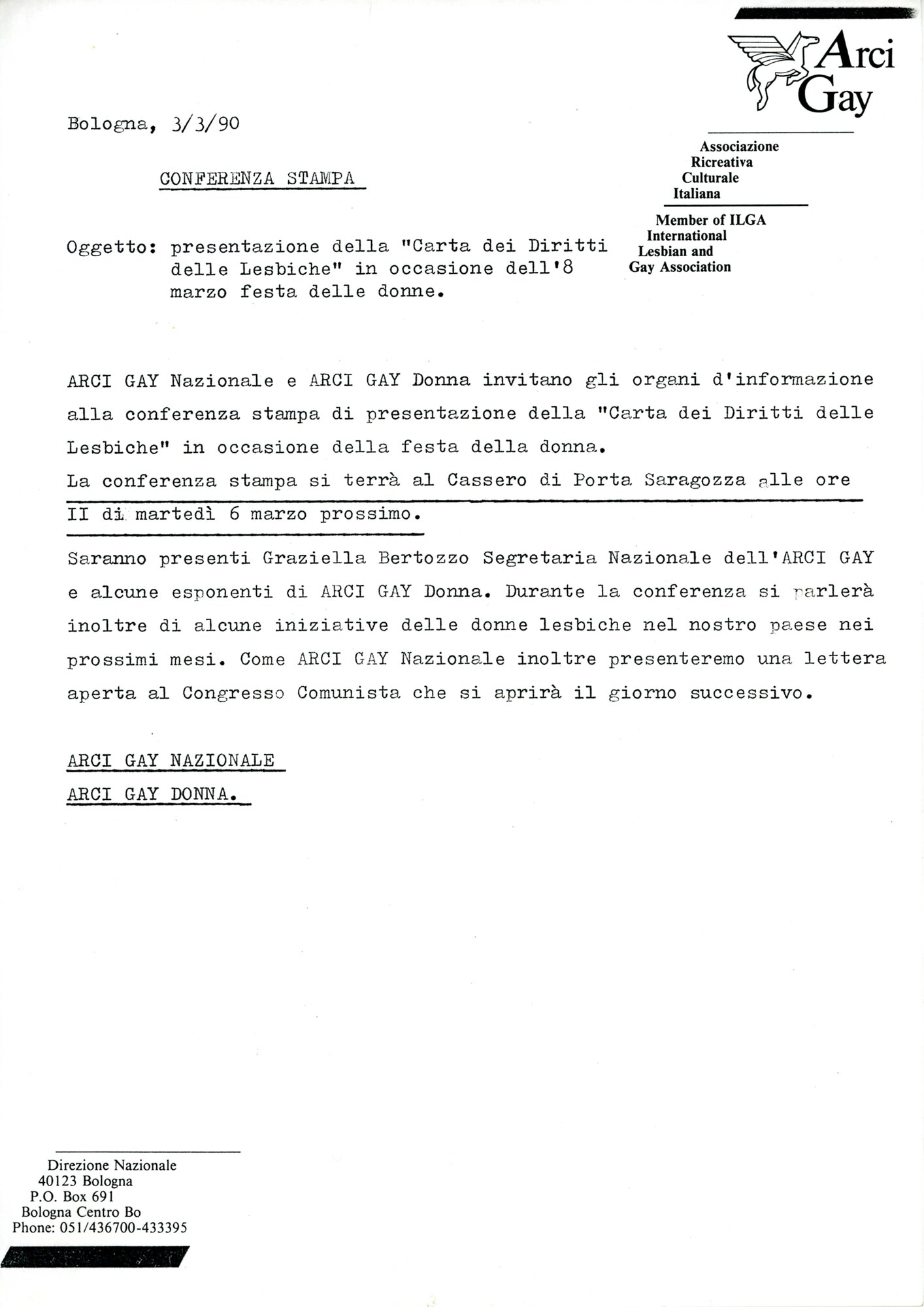 Conferenza stampa / Presentazione della "Carta dei Diritti delle Lesbiche" in occasione dell'8 marzo festa delle donne (1990)