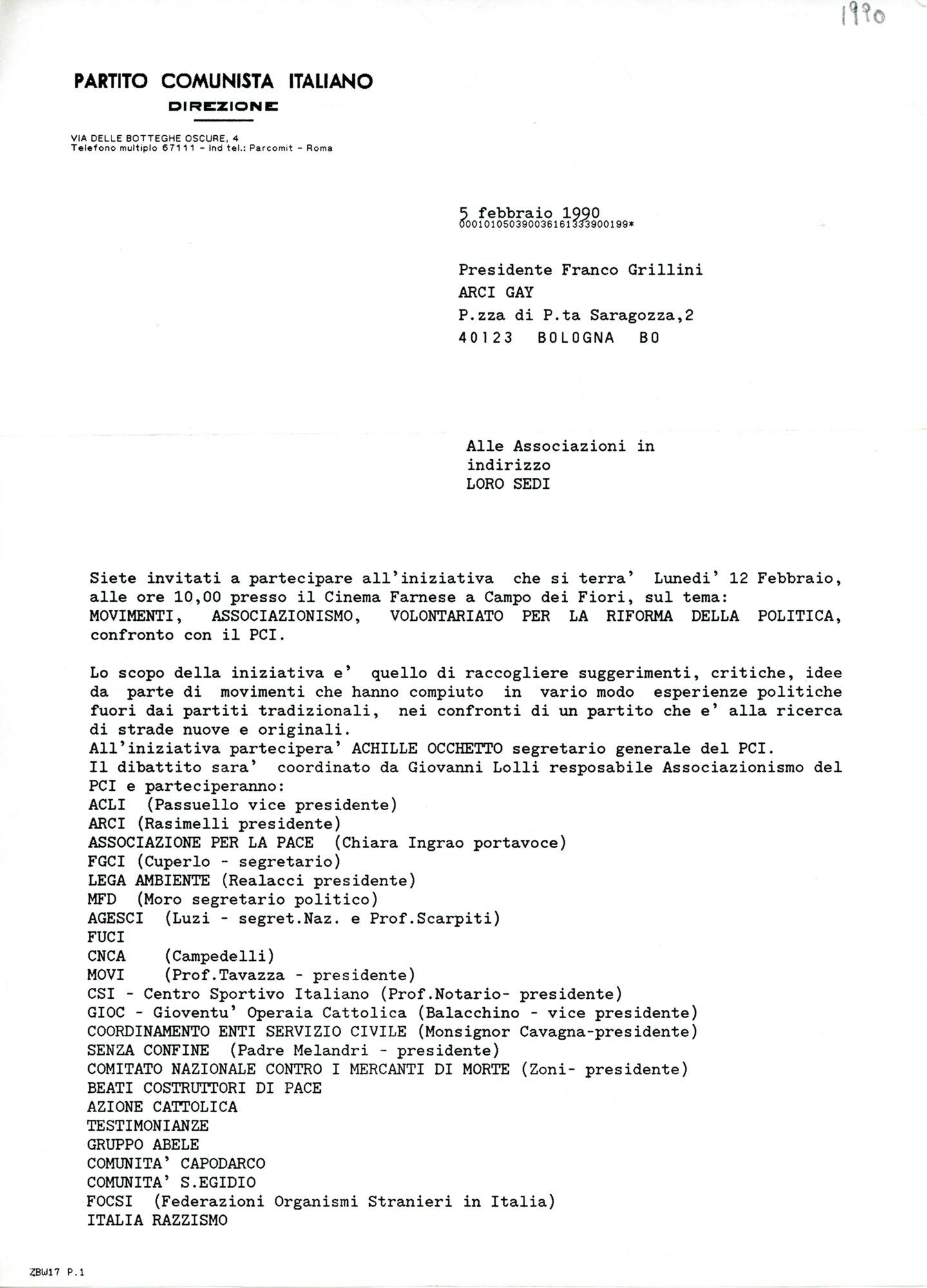Lettera dal Partito Comunista Italiano (1990)