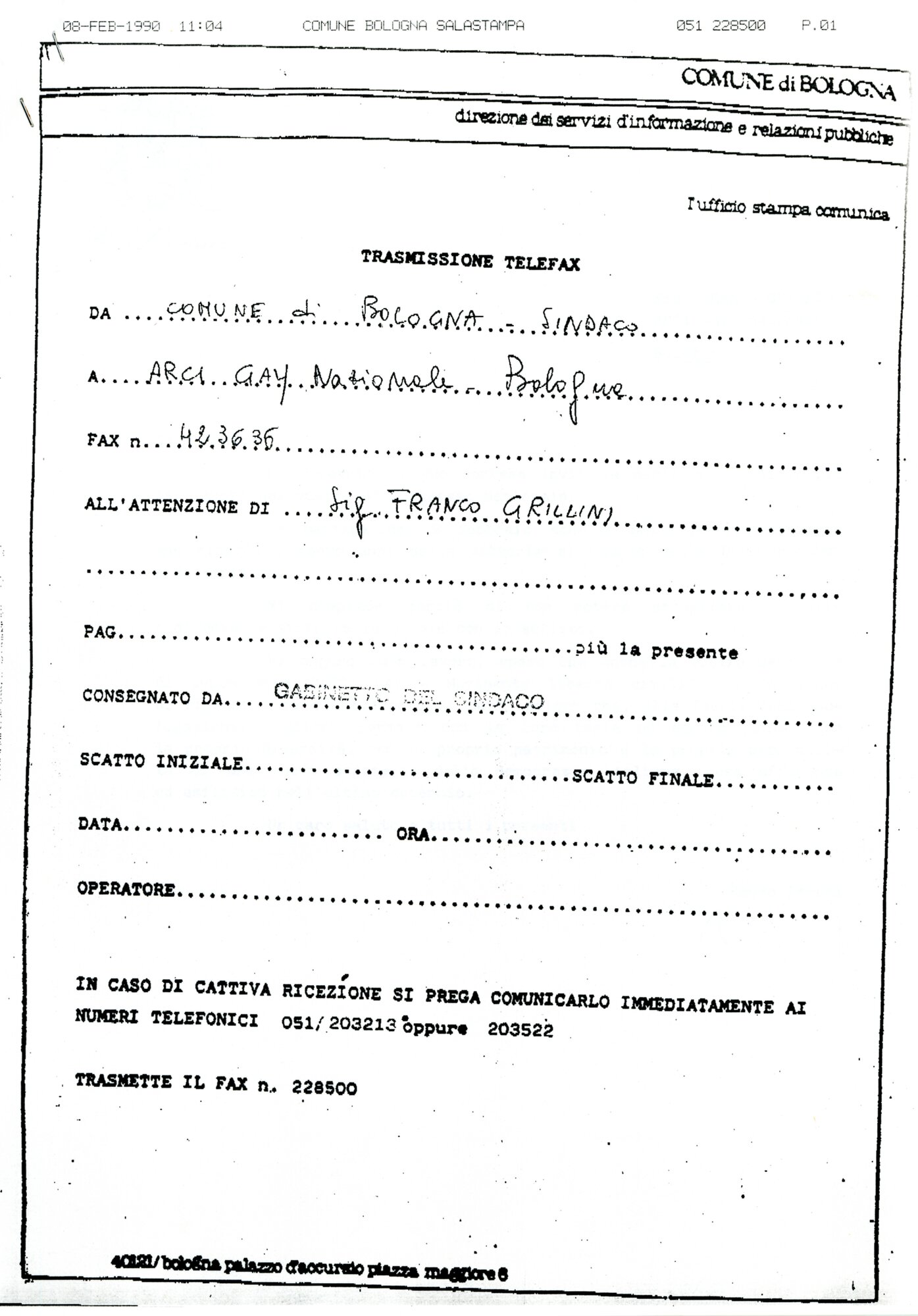 Lettera dal sindaco di Bologna Renzo Imbeni a Franco Grillini (1990)