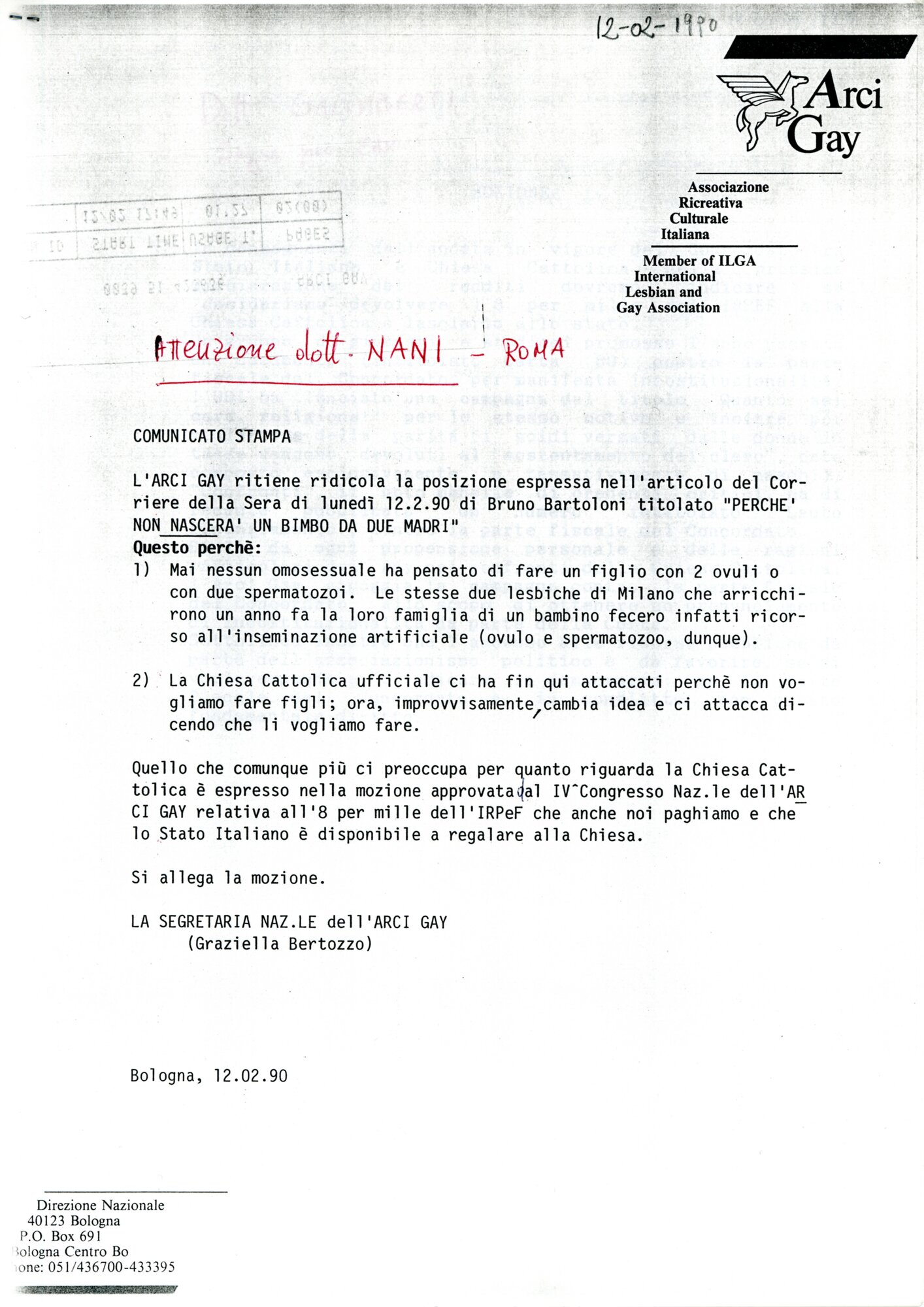 Comunicato stampa da Arcigay nazionale di Bologna (1990)