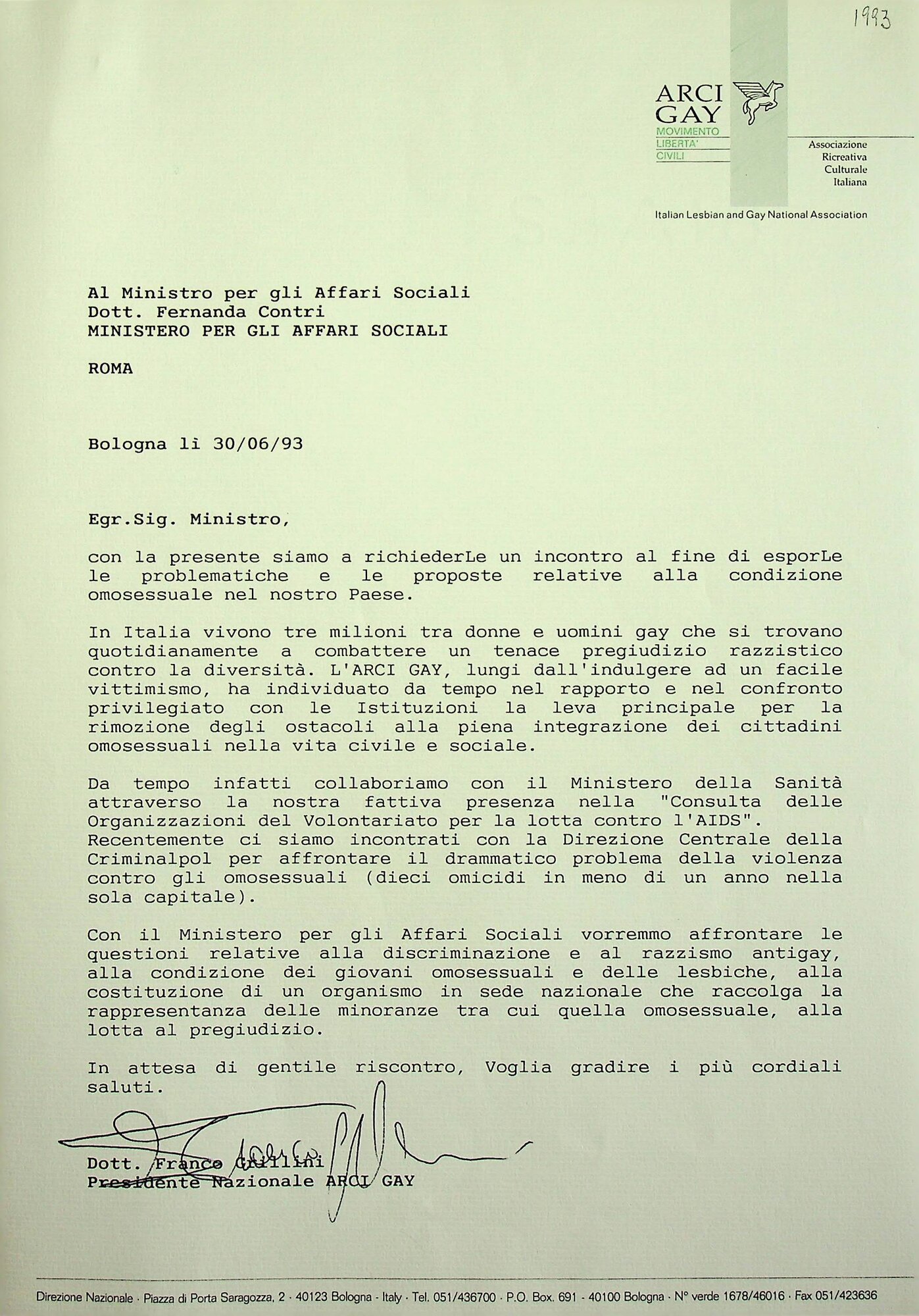Al Ministro per gli Affari Sociali dott. Fernanda Contri / Ministero per gli affari sociali
