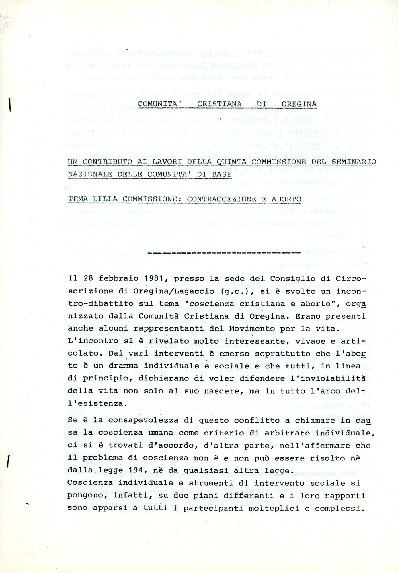Un contributo ai lavori della quinta commissione del Seminario nazionale delle comunità di base  - Tema della Commissione: Contraccezione e aborto (1981)